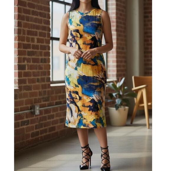 NWT ~ Blue & Yellow Sleeveless Casual Midi Dress ~ Women's Plus Size XXL - Picture 1 of 2